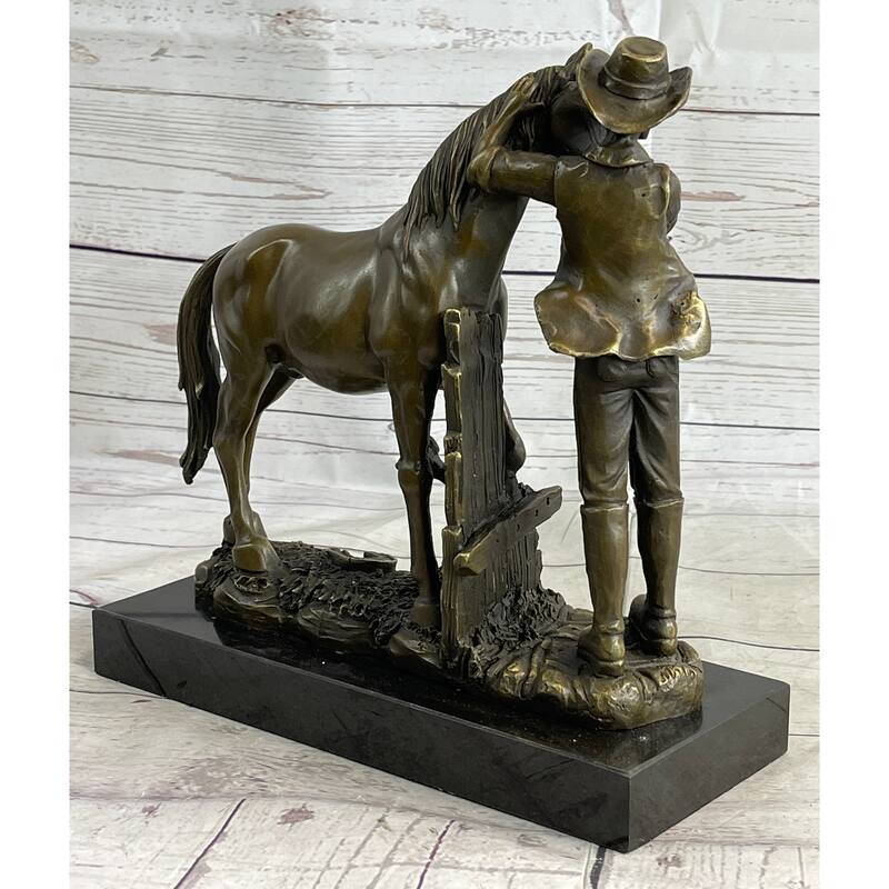 Cowboy Rancher Tending Imitative Horse Bronze Statue Sculpture Figure Western Decor 11 Inches X 12 Inches