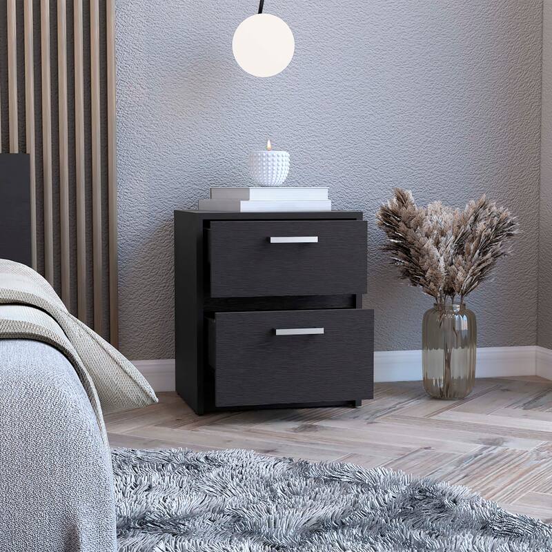 2-Drawer Nightstand with Metal Handles, Black