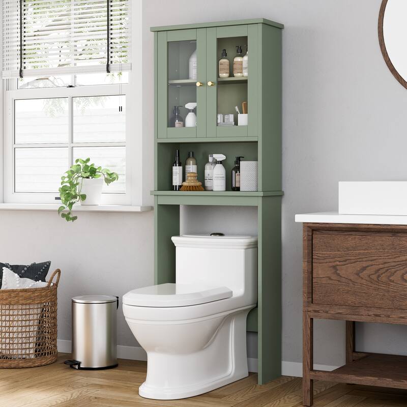 Futzca Over The Toilet Storage Cabinet with Adjustable Shelf & Glass Door - N/A - Glass/Green