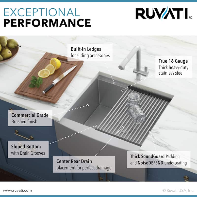 Ruvati 24-inch Apron-front Workstation Farmhouse Kitchen Sink 16 Gauge Stainless Steel Single Bowl - RVH9020 - 24" X 22"