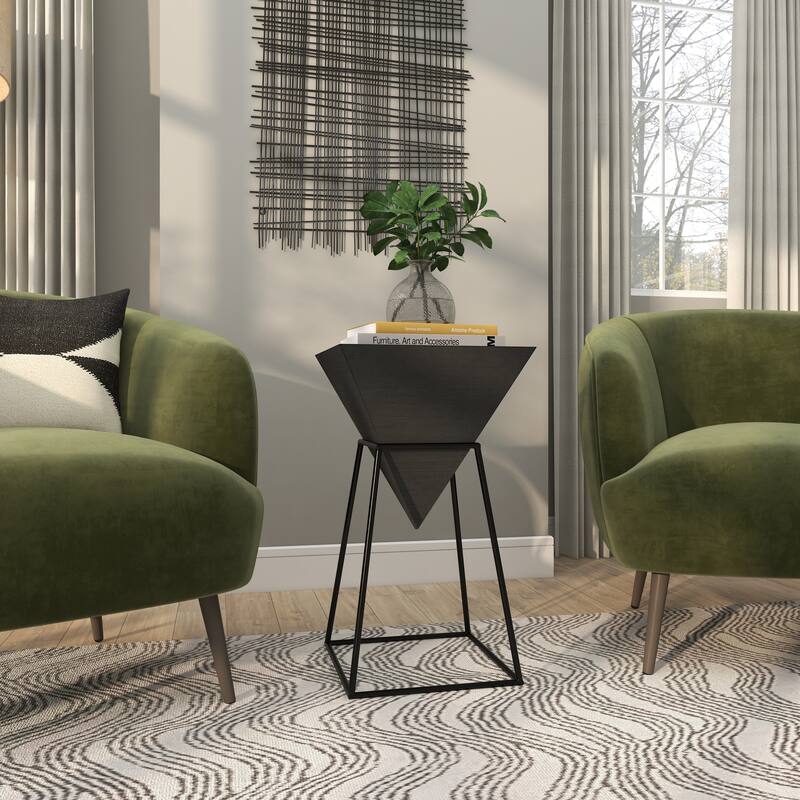 Minimalist Wood Inverted Pyramid Geometric Accent Table with Metal Stand - White or Black