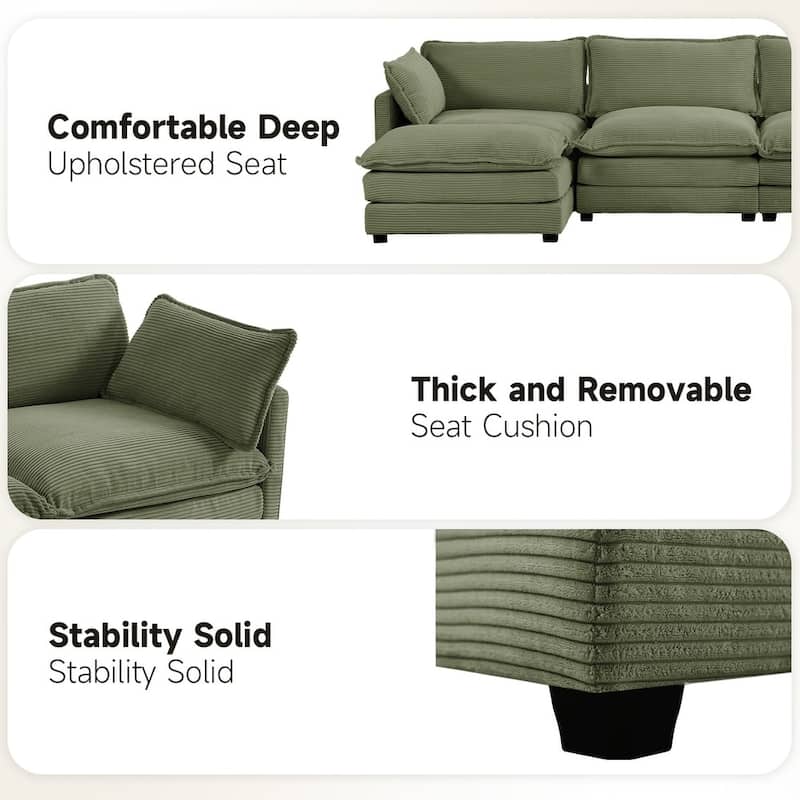 Oversized Modular Corduroy Sectional Sofa Set with Ottoman, 3-Seater / 4-Seater Deep Seat Lounge Couch for Living Room