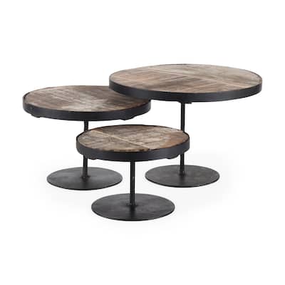 Lorenz Light Brown Wood w/Black Metal Base Round Decorative Display Stands (Set of 3)
