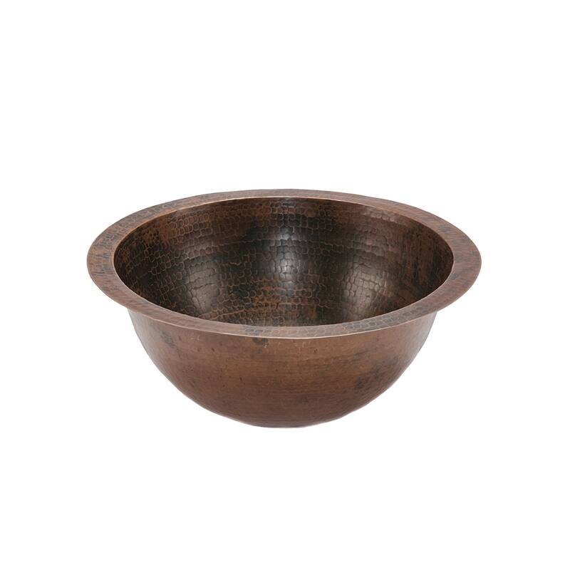 14" Round Under Counter Hammered Copper Bathroom Sink, Matching Drain and Accessories