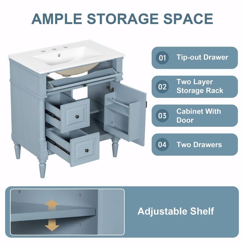 36" Bathroom Vanity with Sink, Freestanding Bathroom Cabinet with Ceramic Basin, Flip Drawer