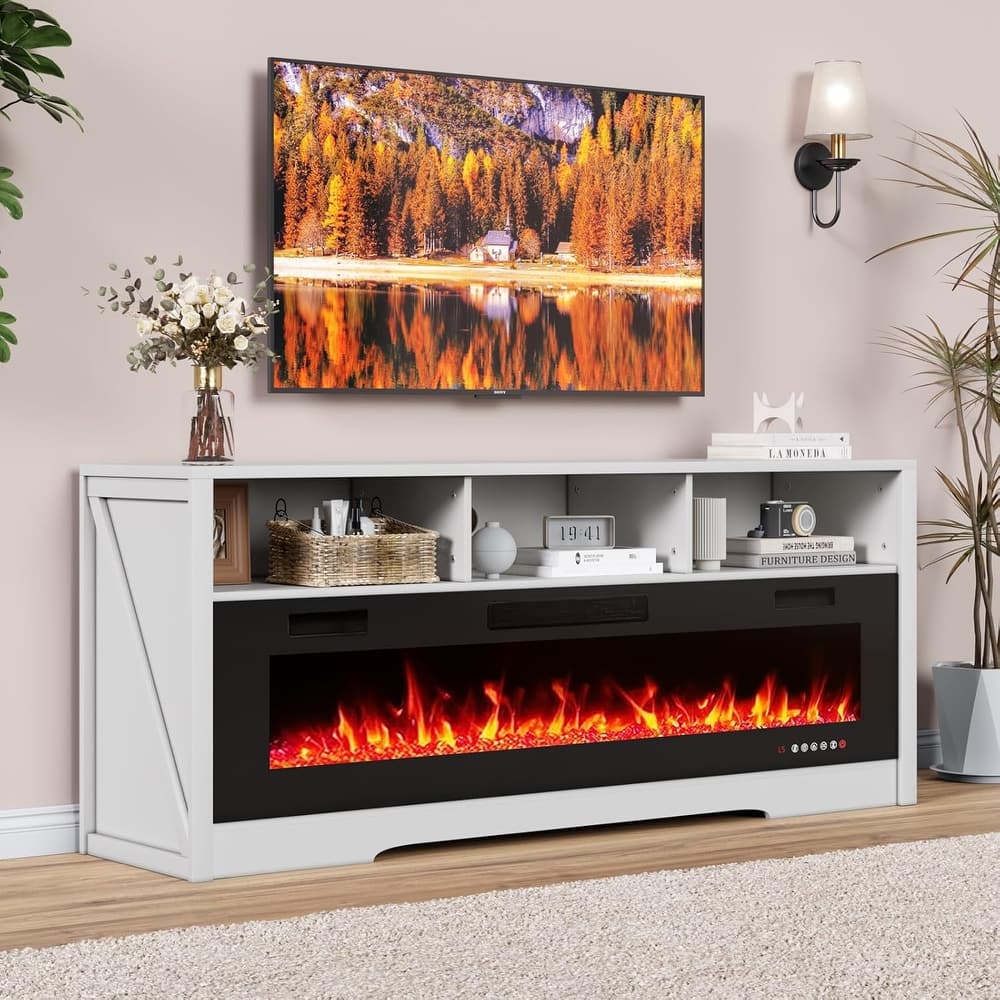 BOSSIN 65" Electric Fireplace TV Stand , Entertainment Center for TVs up to 75" with Open Shelves, Black
