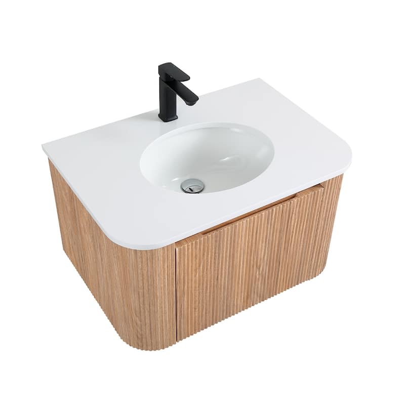 30 Inch Wall Mounted Bathroom Vanity With Sink Curved Design,Floating Vanity Cabinet With Soft Close Drawer