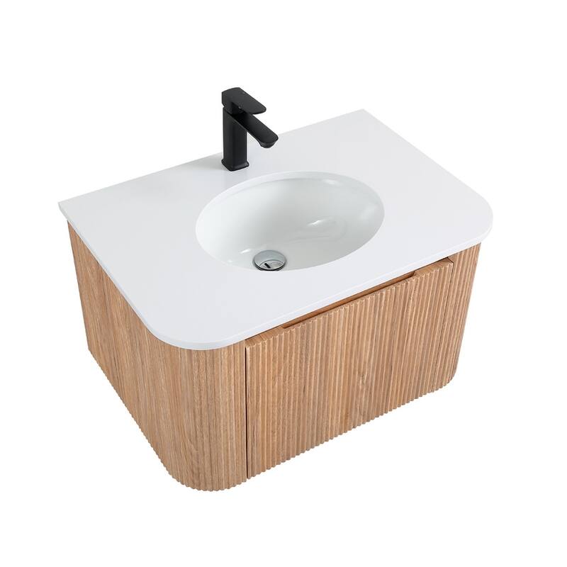 30 Inch Wall Mounted Bathroom Vanity with Sink Curved Design, Modern Floating Vanity Cabinet with Soft Close Drawer