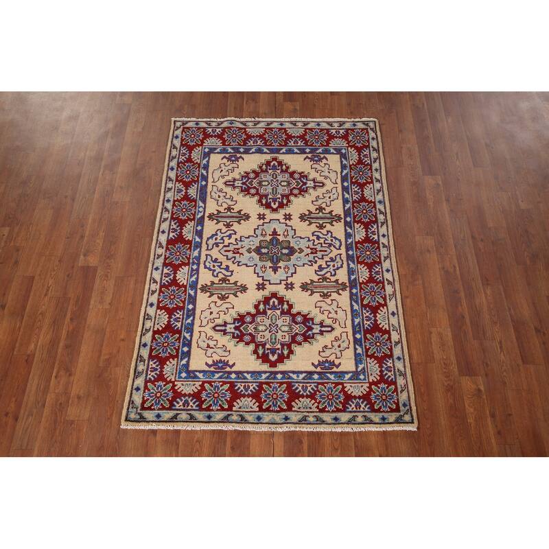 Geometric Kazak Accent Rug Handmade Yellow Wool Carpet - 3'6" x 5'1"