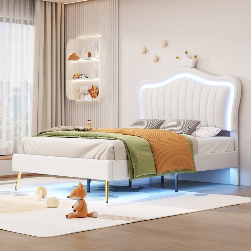 Twin Size Upholstered Princess Bed with LED Lights, Crown Headboard - White