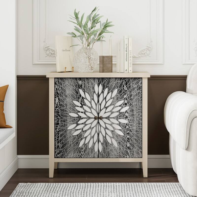 2-Door Carved Storage Cabinet with Adjustable shelf, Accent Furniture for Living Room, Hallway