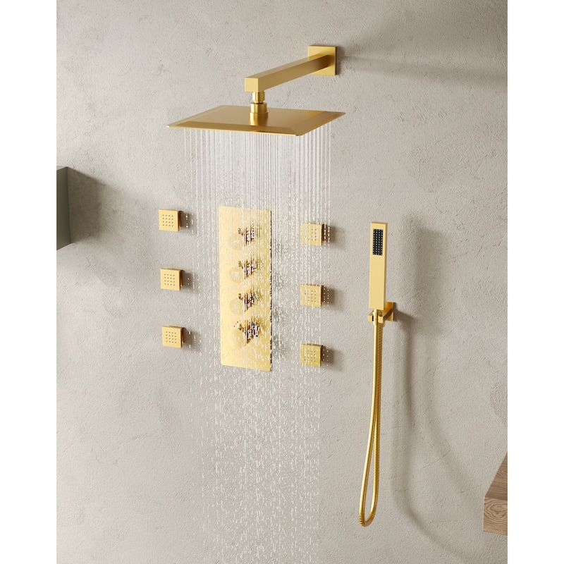 Thermostatic Shower System 12" Rain Shower Head with High Pressure Handheld Spray