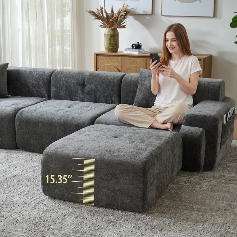 118 inch Oversized 3 Seater L-Shaped Chenille Boneless Modular Sectional Sofa Couch with Movable Ottoman