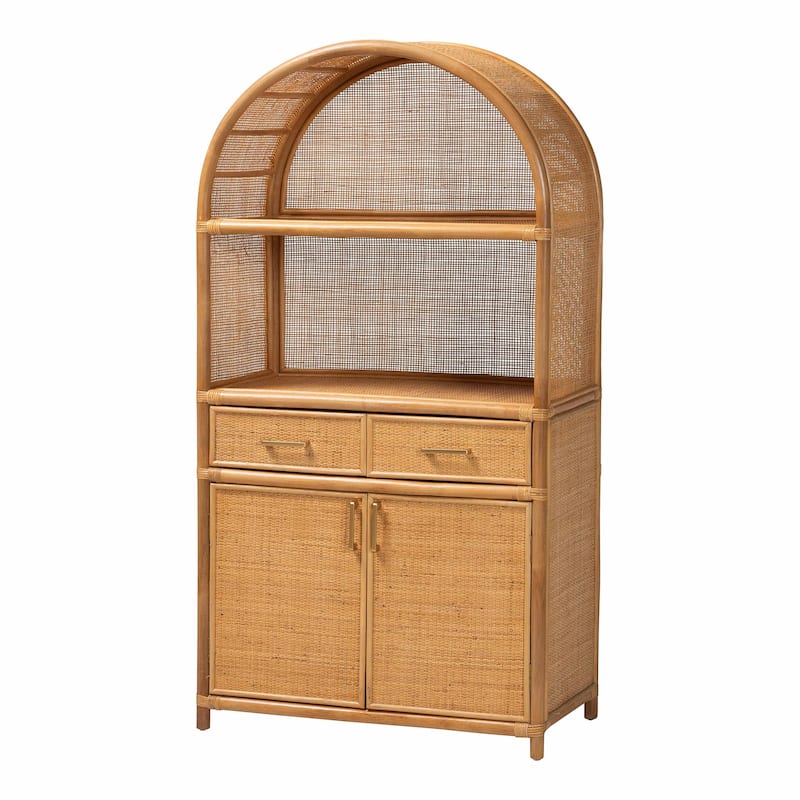 Mairen Arched Natural Rattan Storage Cabinet - Handwoven Pole Rattan Hutch with Two Drawers and Doors, Boho Coastal Cabinet - Light Honey