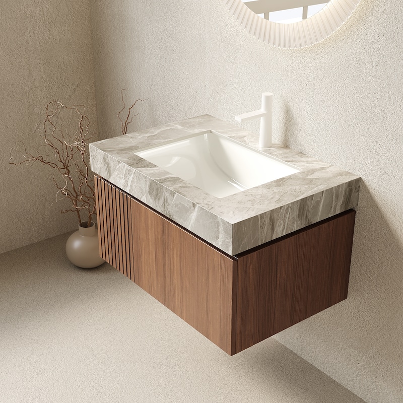 GDFStudio - Muri Modern 30" Floating Bathroom Vanity, Light Gray Sintered Stone Countertop with Ceramic Basin, WITHOUT Faucet