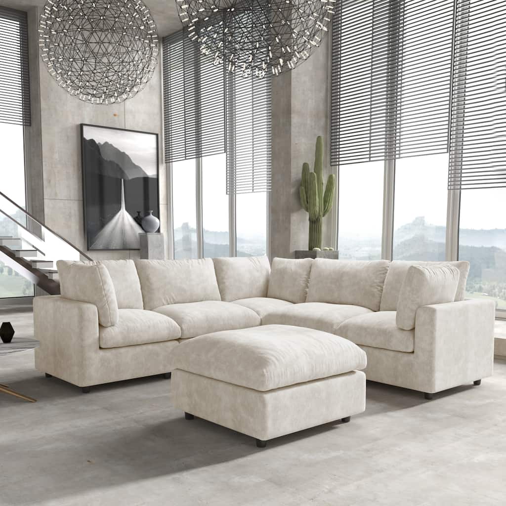 Living Room Corner Sofa Minimalist Upholstered Cushion Sofa Chenille Modular Sectional Couch with Ottoman