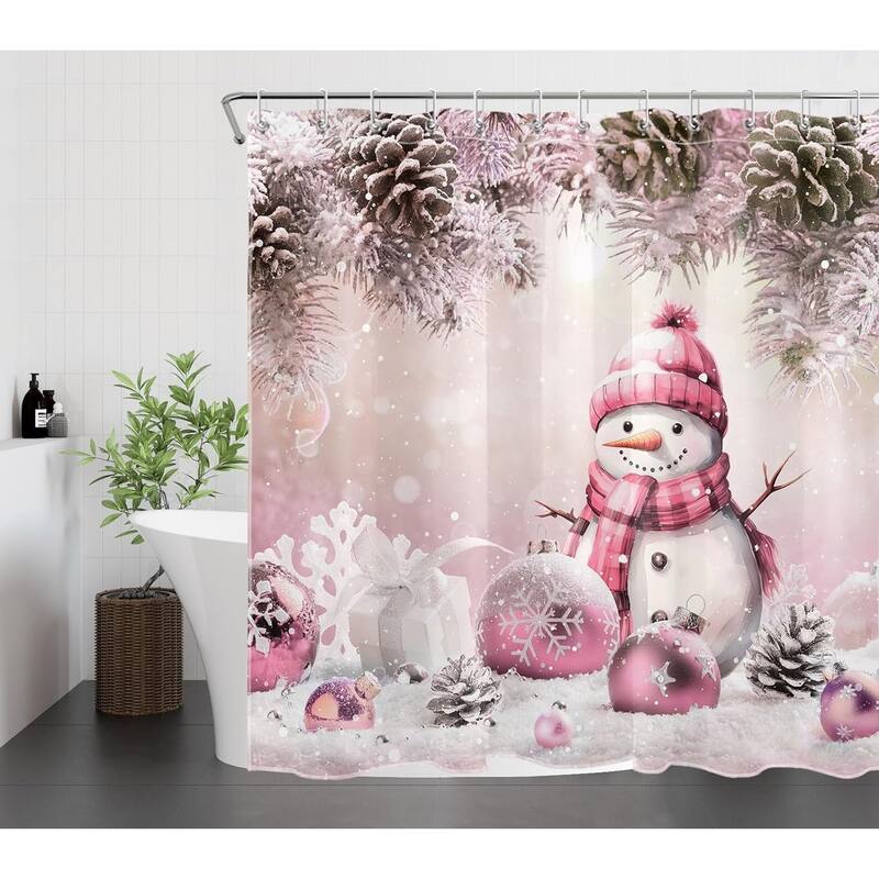 Merry Christmas Shower Curtain Xmas Ball Cute Snowman