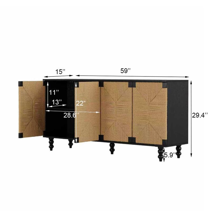Wood Sideboard Buffet Cabinet with Handwoven Seagrass Doors, Black Storage Console for Dining Room and Entryway