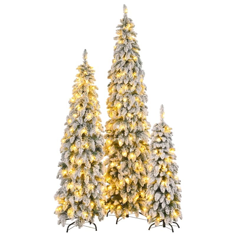 8FT, 6FT, 4FT Pre-Lit Pencil Christmas Trees, 3-set Slim Artificial Christmas Tree With Snow Flocking, 11 Lighting Modes