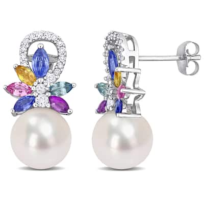 Miadora 9-9.5mm Cultured Freshwater Pearl and Multi Sapphire & 1/8 CT TW Diamond Flower Drop Earrings