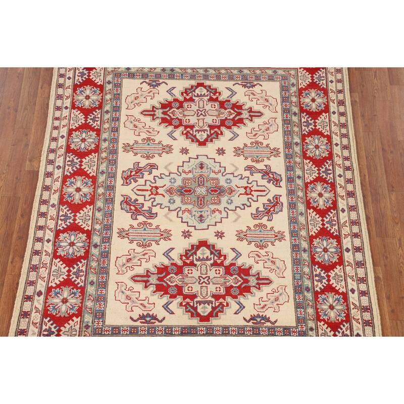 Beige / Ivory Kazak Area Rug Hand-Knotted Wool Carpet - 5'1" x 6'11"