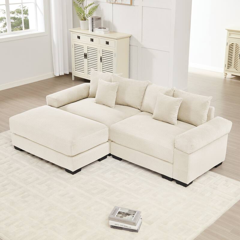 Roomfitters 82.6"/92" Modular L-Shape Sectional, Corduroy Cloud Couch with Ottoman & 6 Pillows