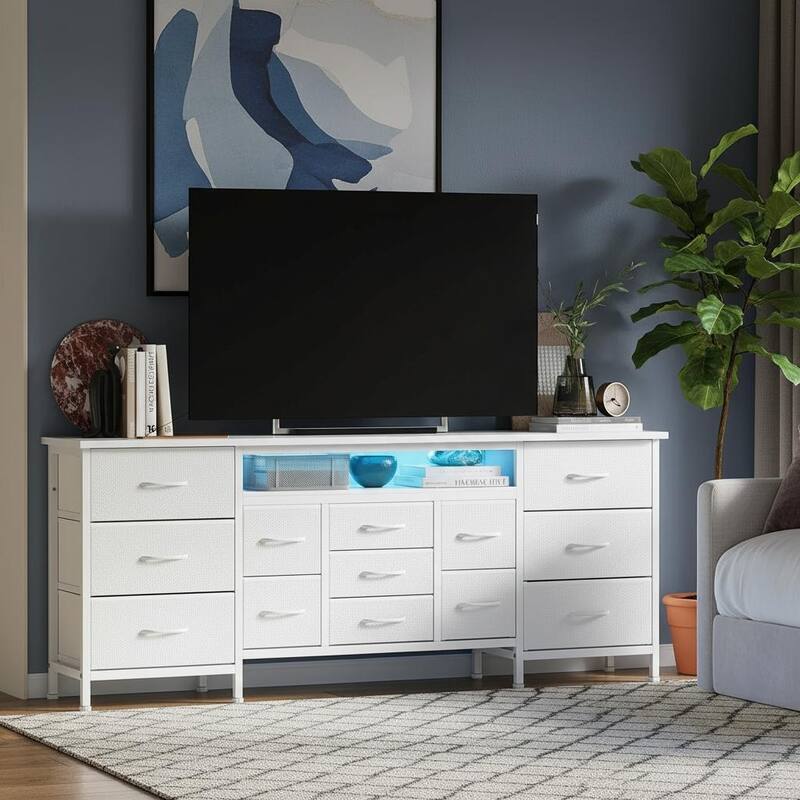 70 Inch Long Dresser TV Stand, Wide 13 Chest, up to 80 Inch - White