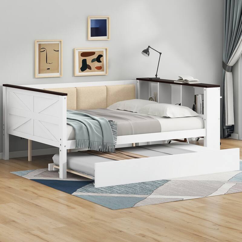 GDFStudio - Wood Daybed with Storage Shelves, Upholstered Backrest, Trundle and USB - White - Full