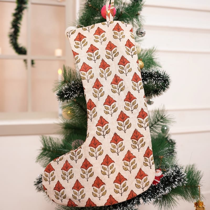 Fabdivine Handmade Christmas Stocking Floral Block Print 10X4.5 Inch Tassel Loop for Home Décor - 10"X4.5"