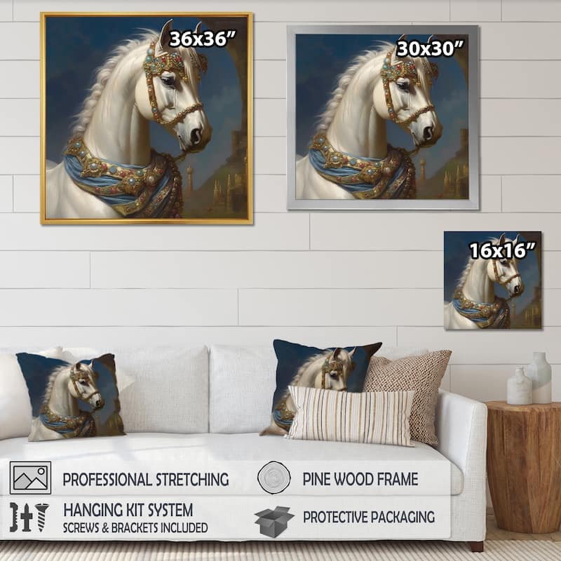 Designart "Portrait Of Majestic White Horse" Animals Horse Framed Wall Art Living Room