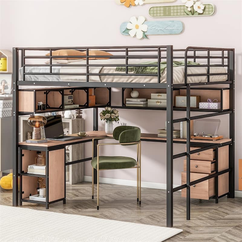 Metal Loft Bed With Bookcase,Desk And Cabinet,Full