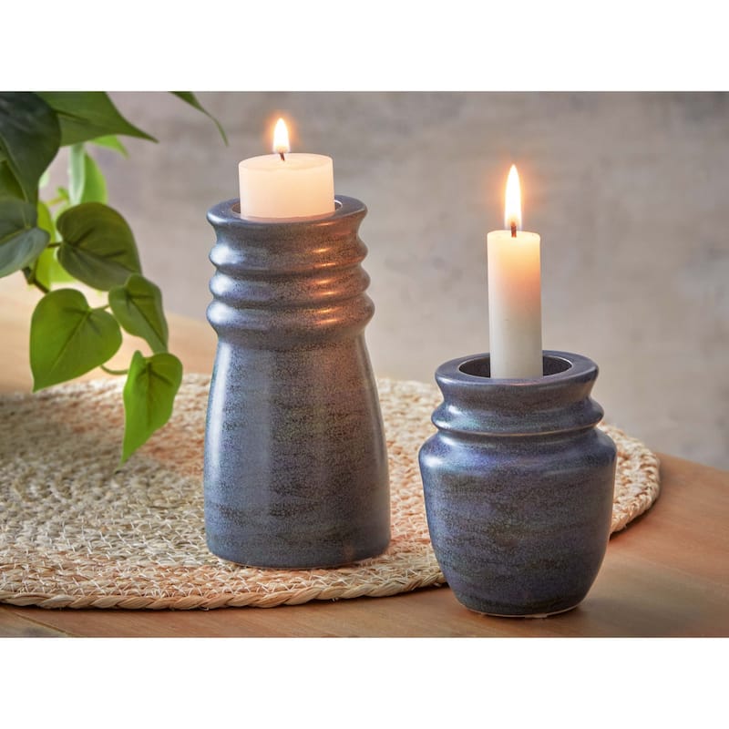 Large Azula Blue Stoneware Tealight and Taper Holder, 3.00L x 3.00W x 5.5H inch.