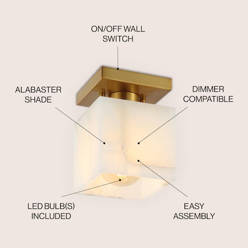 Chiara 5" 1-Light Modern Contemporary Alabaster/Iron Cube LED Semi Flush Mount, White Marbling/Brass Gold by JONATHAN Y