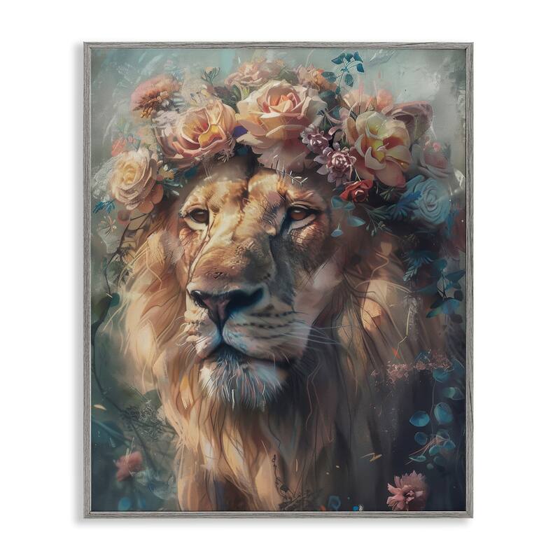 Stupell Lion with Rose Garland Framed Giclee Art Design By Arlington Prints - 24 x 30 - Grey