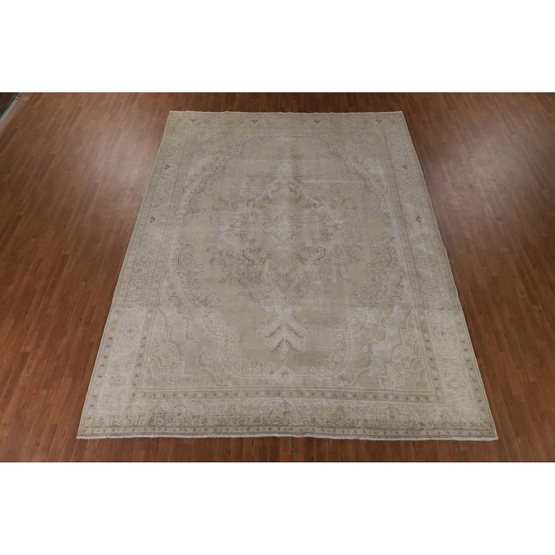 Distressed Tabriz Vintage Persian Rug Bedroom Hand-Knotted Wool Carpet - 9'10" x 12'10"