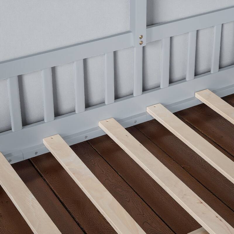 Twin House Bed with Sofa, Two Storage Drawers & Shelf, Kids Playhouse Platform Bed with Pine Wood Frame