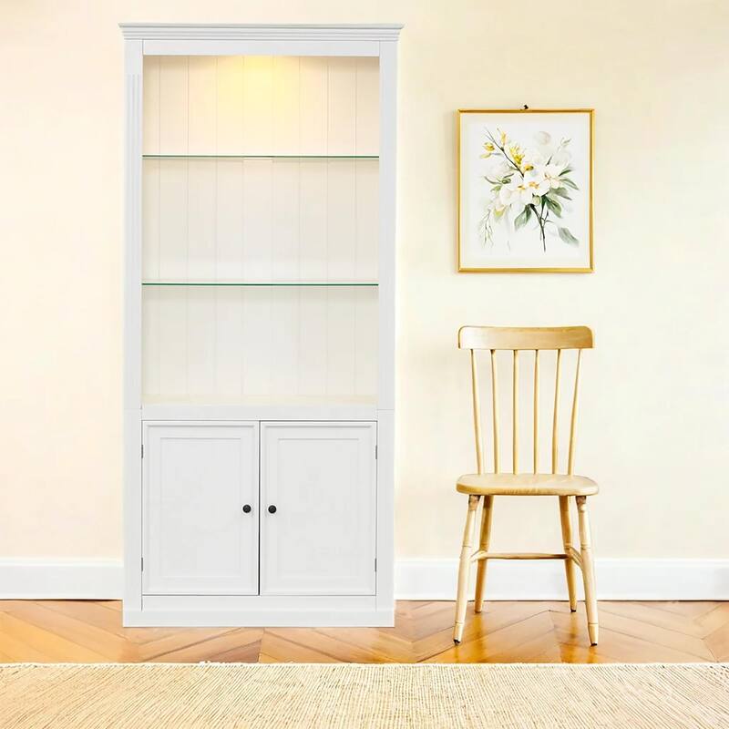 78.75"Tall Display Shelves with 5 Colors Adjustable LED Ceiling Light, Retro-style Bookcases with Tempered Glass Shelves