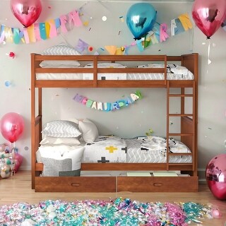 American Classic Traditional Style Twin-Over-Twin Bunk Bed with Ladders and Two Storage Drawers