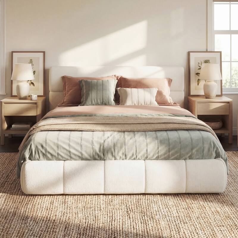 Christopher Knight Home - Sio Modern Boucle Upholstered Platform Bed Frame with Wooden Slats Support, No Box Spring Needed - Queen