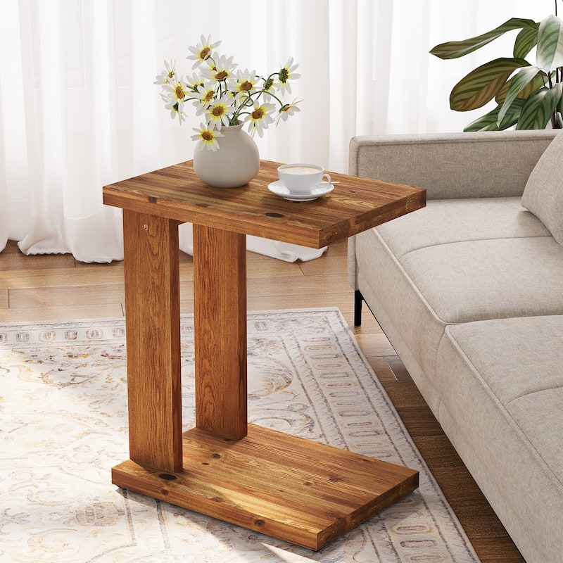 Solid Wood C Shaped Side Table for Couch - Brown-1PC