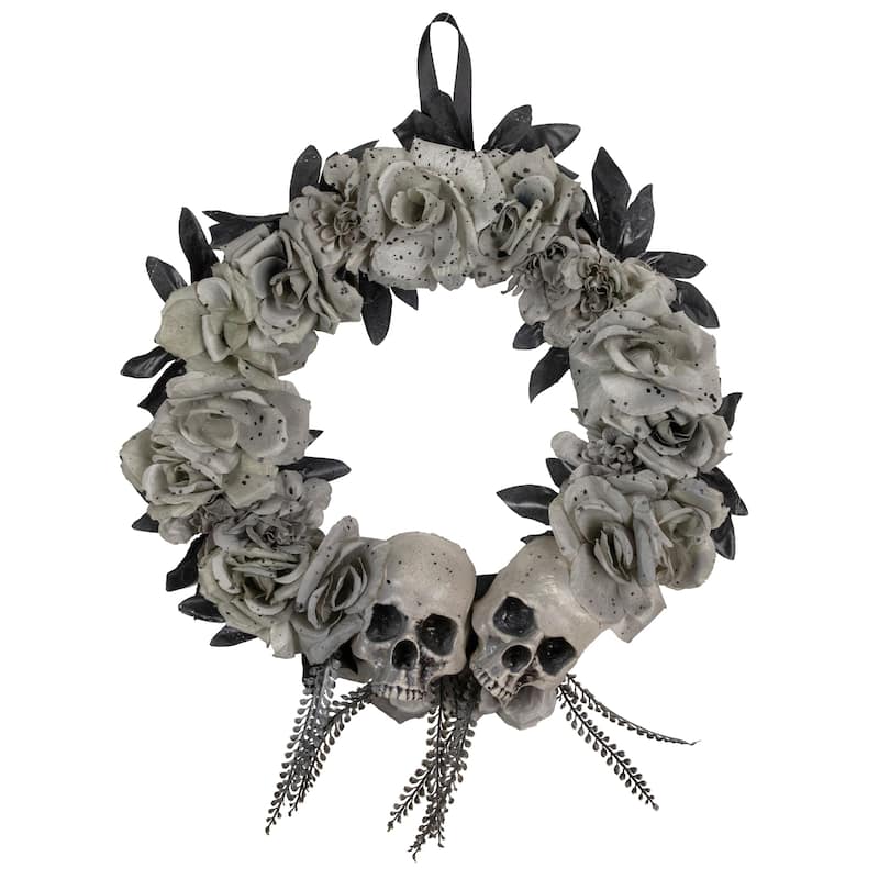 Double Skull and Gray Roses Halloween Wreath 16-Inch Unlit