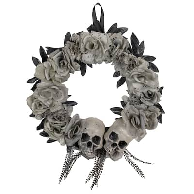 Double Skull and Gray Roses Halloween Wreath 16-Inch Unlit