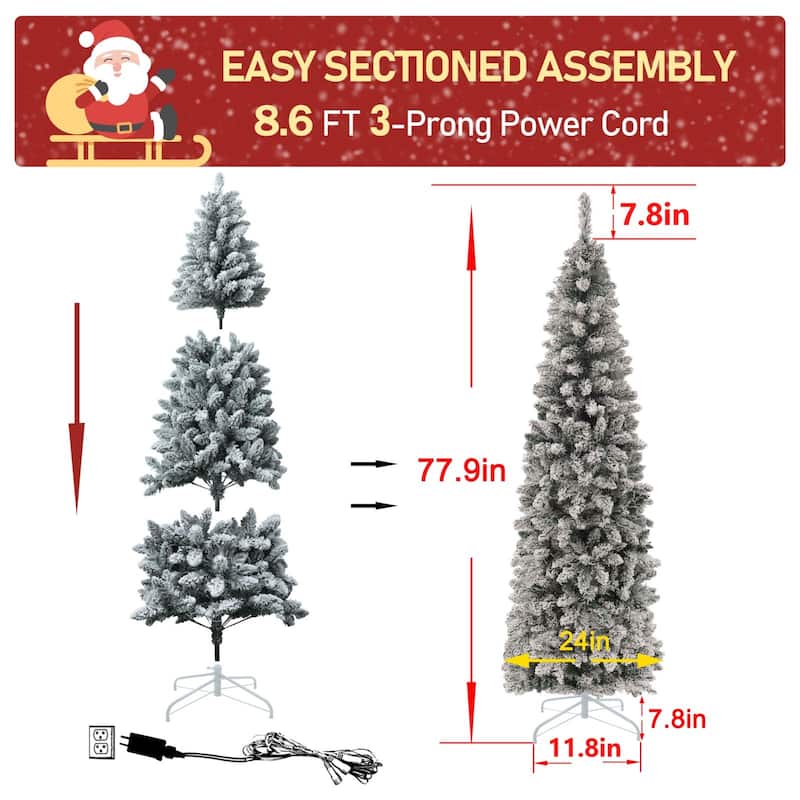 VEIKOUS Pre-Lit Artificial Christmas Tree Pencil Snow with Foldable Iron Stand with LED lights, 5.5/6.5/7.5 ft