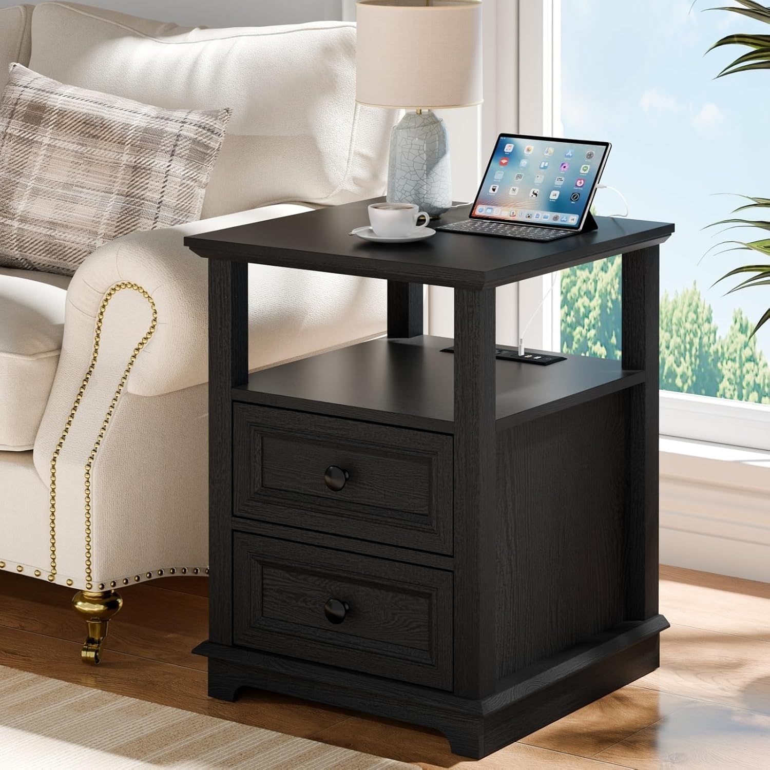 18" Wide End Table with USB C Charging & 2 Drawers, Rustic Wood Storage Cabinet for Living Room, Bedroom, Office