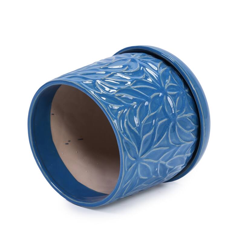 Set of 2 Handmade Modern Embossed Leaf Ceramic Planters with Saucers