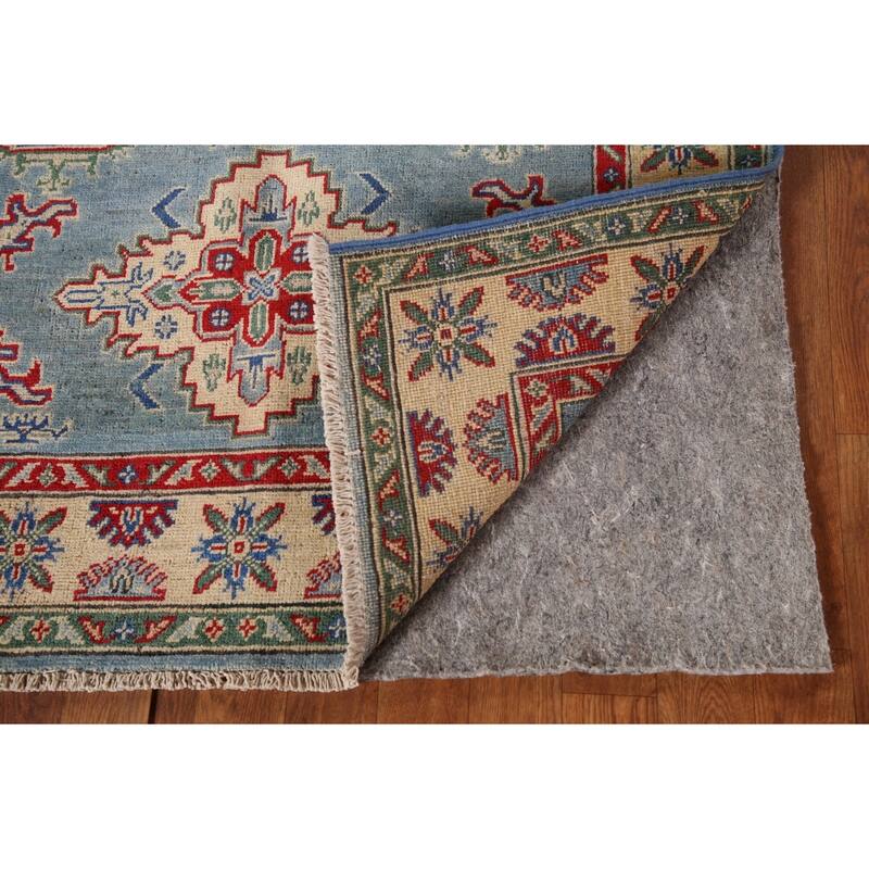 Light Blue Geometric Kazak Oriental Rug Hand-Knotted Wool Carpet - 3'4"x 4'10"