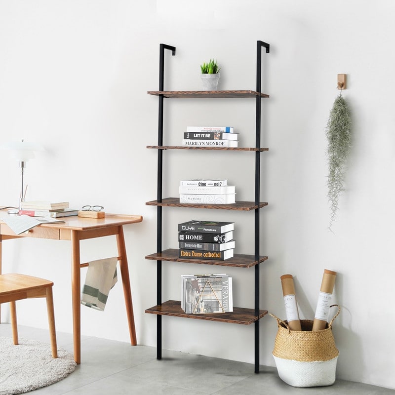 Wall Mounted Bookcase 5-Tier Open Ladder Shelf Bookshelf