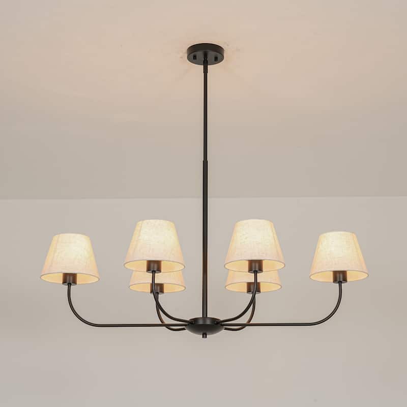 39.37 in. 6-Light Modern Farmhouse Sputnik Black Linear Chandelier with Linen Fabric Shades - 39.37 in. W x 19.29 in. D x 12.99 in. H - Matte Black