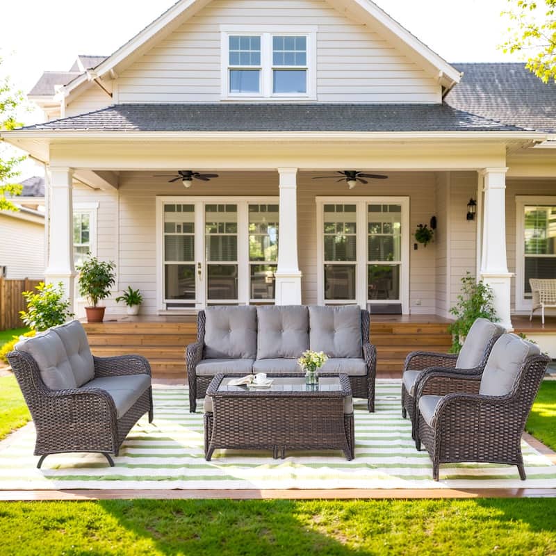 Outdoor Glider Loveseat Sofa Funitre Set - Brown Rattan - Grey Cushion - 7PCS Sofa Chair Table and Ottoman