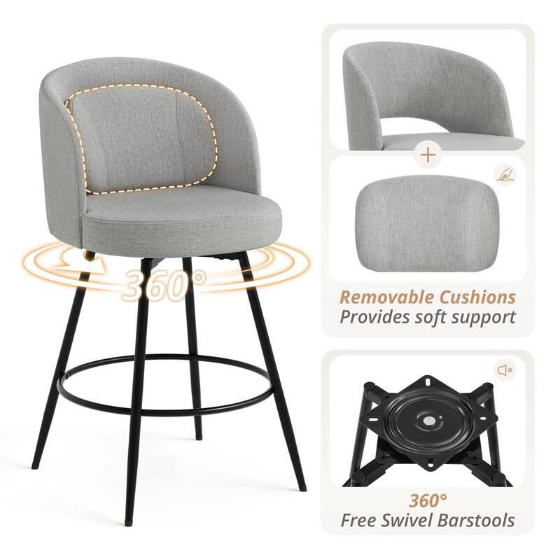 26 Inch Modern Upholstered Bar Stools, Swivel Metal Bar Stools Set Of 2/3/4, Bar Stools For Kitchen Island